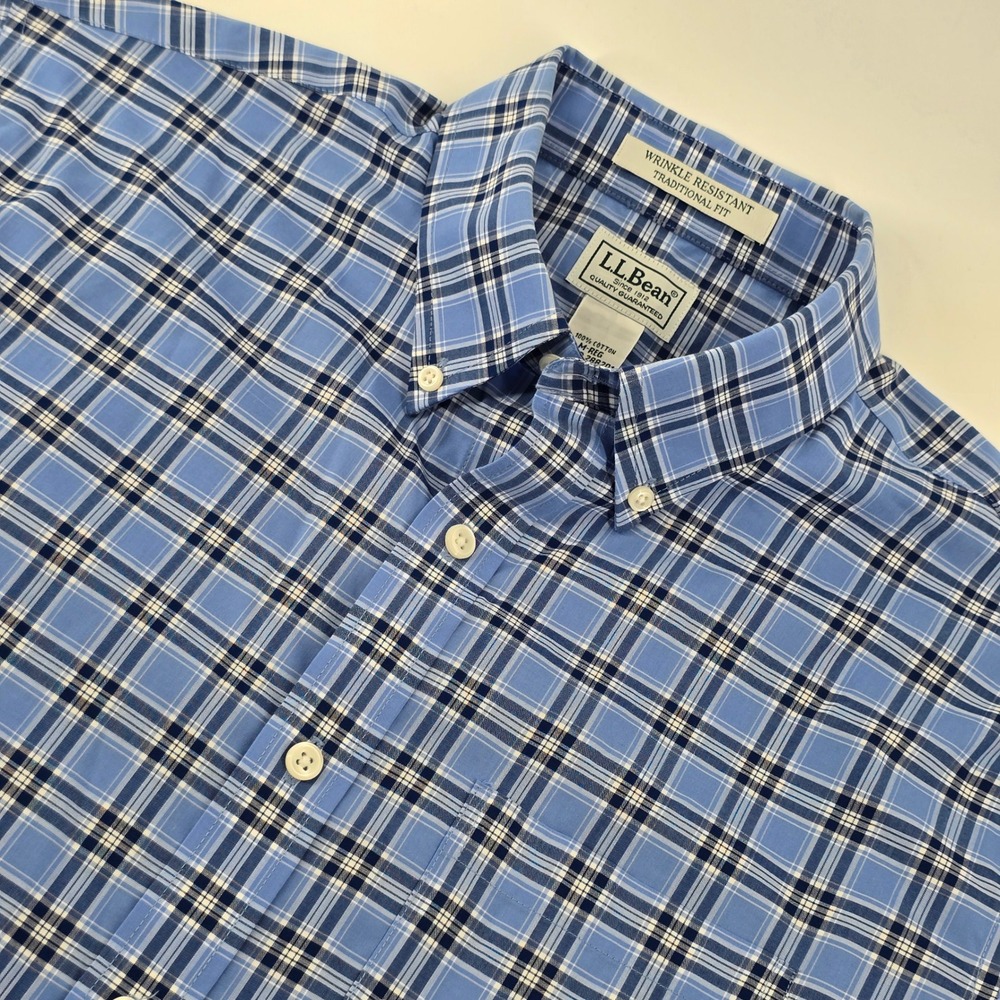 LL Bean Button Down Shirt Mens M Blue Plaid Wrinkle Resistant Cotton SS